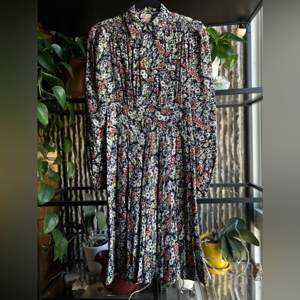 Rare Vintage 1930s Day Dress FOGA Label Floral Collared w Green Buttons Sz Small